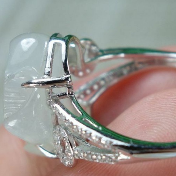 Certified Icy White Natural A jadeite jade Lotus Ring 925 Silver戒指（Free Size） - Picture 9 of 11